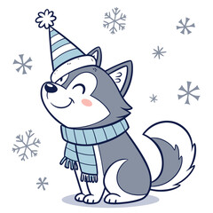 Cute SVG of a Mischievous Husky in Frosty Winter colors, featuring wearing a party hat in a Cozy winter setting