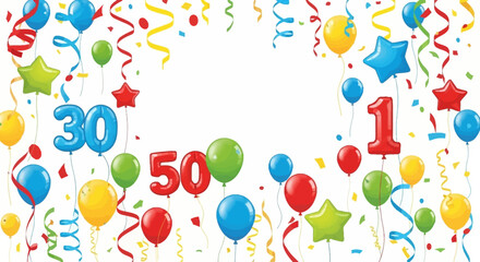 Vibrant celebratory balloons, numbers 30, 50, 1, star shapes, confetti, and curling ribbons
