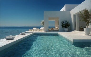 Fototapeta premium Modern Villa With Pool Overlooking Tranquil Sea at Sunset in a Serene Coastal Location