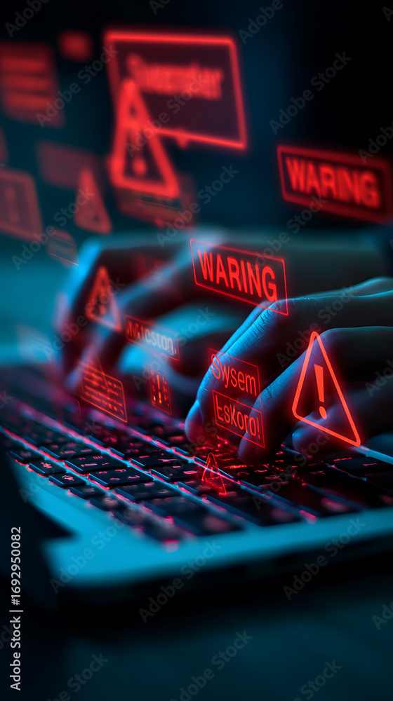 Poster hands typing on keyboard with glowing red warning alerts and danger symbols image