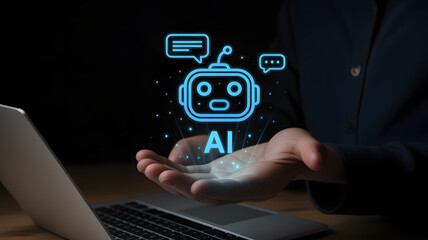 AI icon with Hand: An image portraying a futuristic scene with a glowing AI icon hovering over a hand,  with digital-style details.