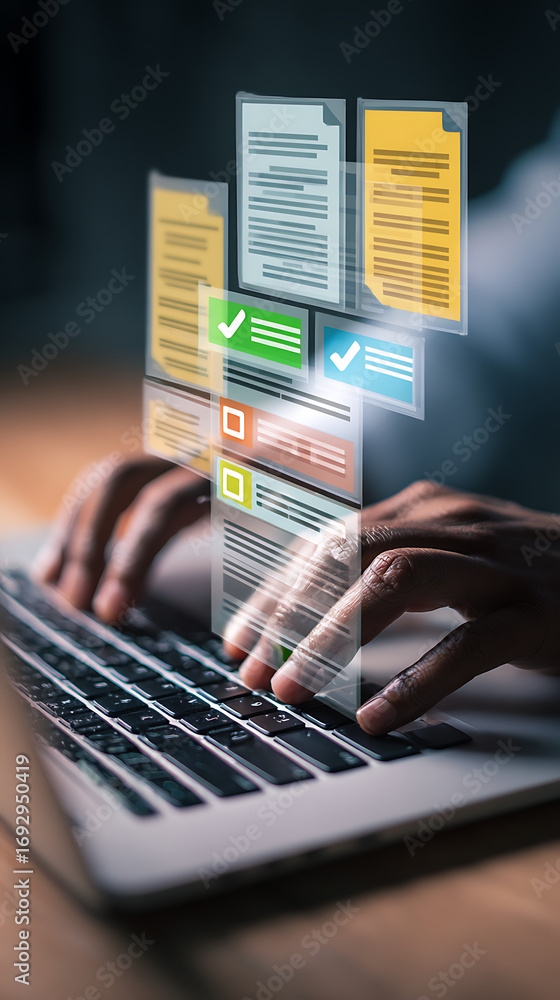 Poster hands typing on laptop with digital documents and checkboxes floating above image