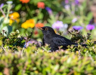Fototapeta premium Blackbird amidst colorful flowers