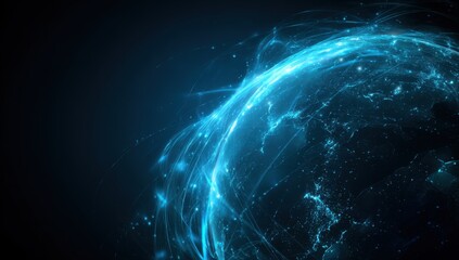 A glowing, stylized representation of the Earth, highlighted by trails and light effects