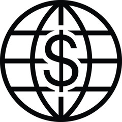 Flat Vector Icon of Globe with Dollar Sign for Global Finance, Economy, and International Business