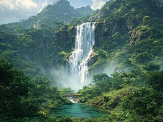 Discover vibrant paradise with stunning waterfall cascading into turquoise pool beneath lush green jungle canopy on tropical mountain backdrop