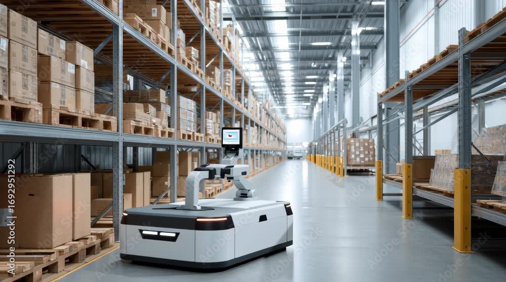 Poster autonomous robot moving in warehouse aisle among shelves with boxes for distribution and smart logis