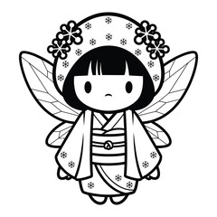 Black and white drawing of a fairy with wings wearing a kimono and a headdress with snowflakes on it