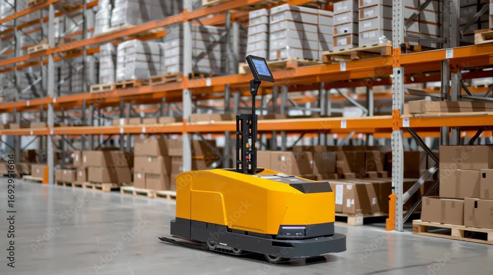 Poster autonomous robot driving through an empty warehouse storing many boxes. smart warehousing technology
