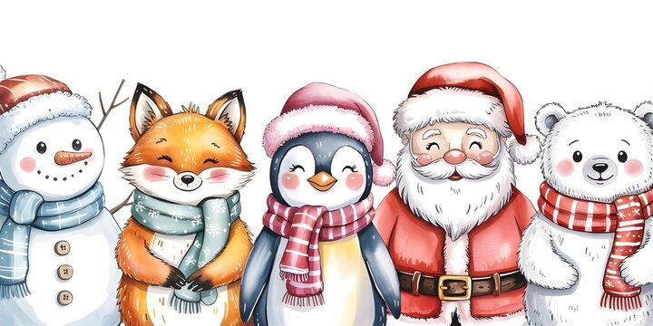 A charming watercolor illustration features a group of cute christmas characters including a snowman, fox, penguin, santa claus, and polar bear wearing festive hats and scarves