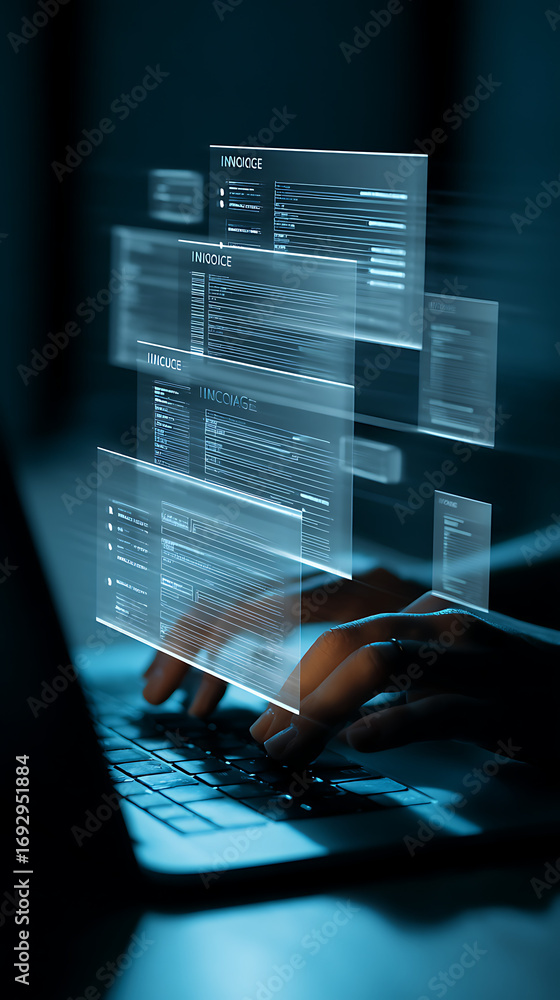 Poster hands typing on laptop with glowing digital invoices keyboard