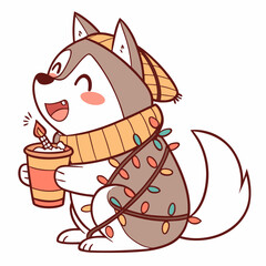 Warm Cozy themed SVG: Excited Husky with wrapped in fairy lights in a Christmas environment