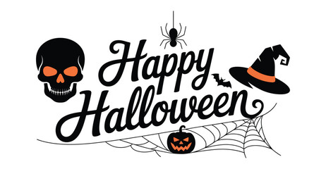 Halloween celebration graphic with stylized “Happy Halloween” text, skull, pumpkin, witch hat, bats, spider, and web in black and orange