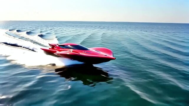 A speed boat in red and white colors speeding across a calm body of water, leaving a trail of white foam behind it.