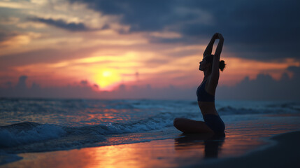A solo woman practicing yoga at sunset on beach, silhouette with detailed muscles, serene water, dramatic light