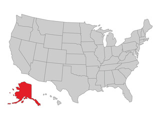 United States political map with Alaska state highlighted, vector illustration of US map with states
