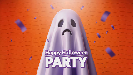 Sad ghost character announces fun Halloween party with purple confetti falling