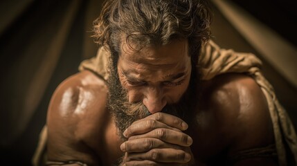 Esau crying in anguish before Isaac after Jacob’s deception, tent interior dimly lit by oil lamps, Isaac seated with sorrowful face, Esau kneeling, fists clenched, raw grief echoing in silence.