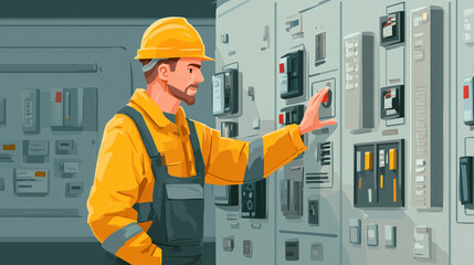 Male electrician pressing button on control panel in industrial setting  