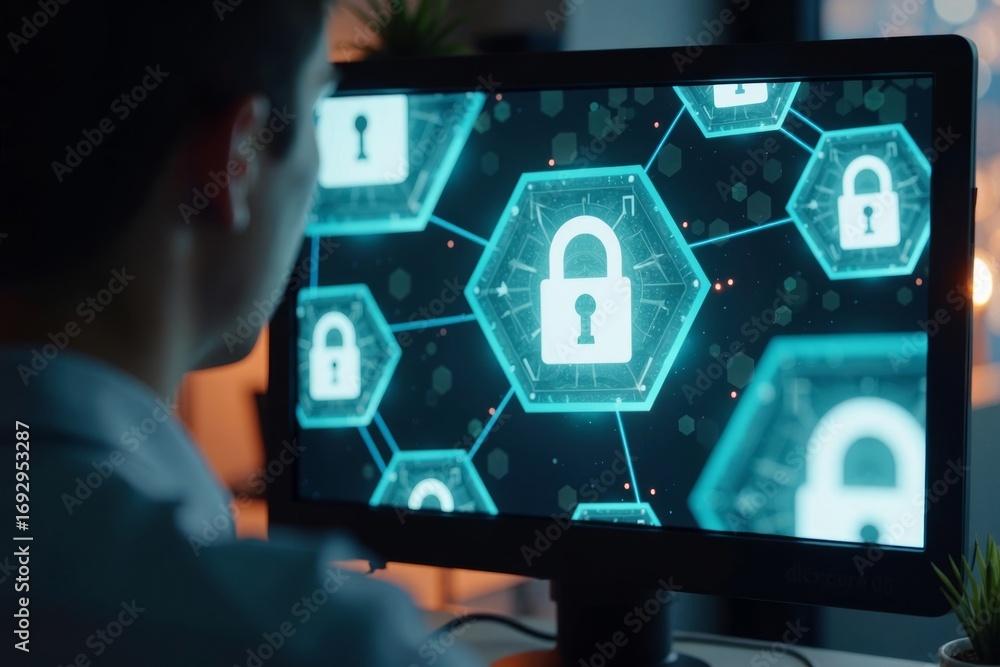 Poster man at computer with hexagon ransomware attack - small business targeted by cyber threat