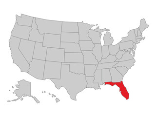 United States political map with Florida state highlighted, vector illustration of US map with states