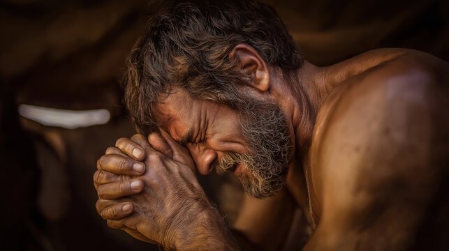 Esau crying in anguish before Isaac after Jacob’s deception, tent interior dimly lit by oil lamps, Isaac seated with sorrowful face, Esau kneeling, fists clenched, raw grief echoing in silence.