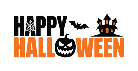 Halloween celebration graphic with stylized text, pumpkin face, spider web, bat, and haunted house, symbolizing spooky fun and festivity