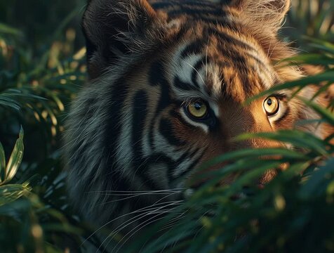 Camouflaged Tiger Resting Within Thick Foliage
