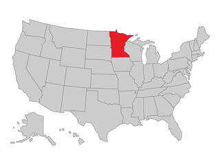 United States political map with Minnesota state highlighted, vector illustration of US map with states