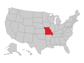 United States political map with Missouri state highlighted, vector illustration of US map with states