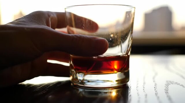Hand lifting and tilting whiskey glass with swirling liquid and golden hour light in a close-up slow orbit shot