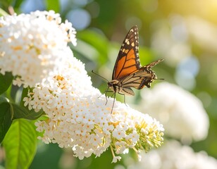 Butterfly on a cluster of white flowers