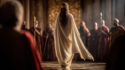 Esther steps into the royal throne room uninvited, golden pillars towering around her, her heart steady with faith as the king raises his scepter, deciding her fate.