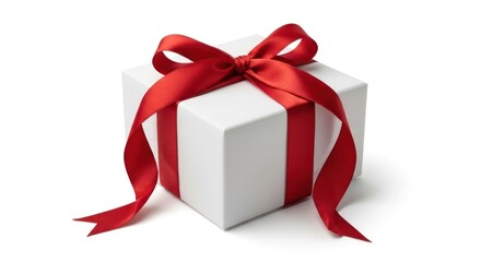 A simple white gift box elegantly wrapped with a bright red satin ribbon and tied in a classic bow on top, isolated on a white background.