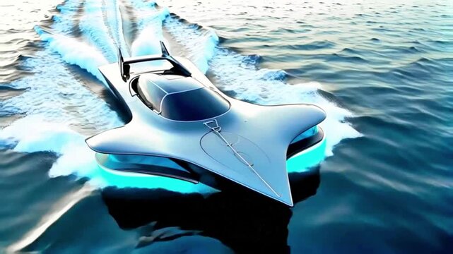 A futuristic, sleek, high-speed boat with a modern design, featuring sharp angles and a streamlined shape. It appears to be floating on water with dynamic lighting effects