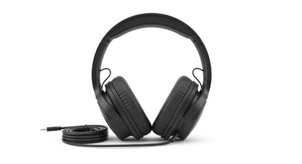 Black over-ear headphones with a coiled audio cable resting on a white background, ready for use.