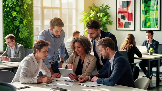Professional business team collaboration meeting in modern office workspace. Diverse colleagues discuss strategy, analyze documents and data on tablet. Corporate teamwork, planning session