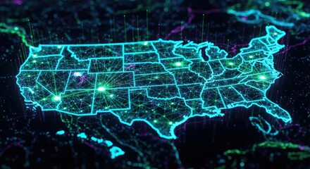 A glowing digital map of the United States, showcasing interconnected data streams across states.