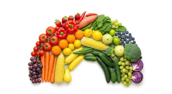 An overhead view of various fresh fruits and vegetables arranged in a colorful rainbow arc on a white background