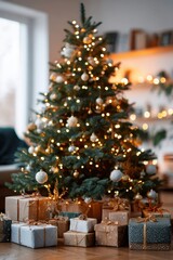Obraz premium Cozy christmas tree with gifts in a festive living room