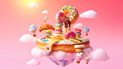 Obraz premium 3D Illustration of Colorful Fantasy Dessert Land with Donuts and Candy