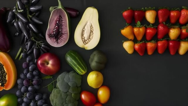 A variety of fresh vegetables and fruits on a dark background. Ideal for articles on healthy eating, cooking blogs, farm market advertising, recipe illustrations, and materials on proper nutrition.
