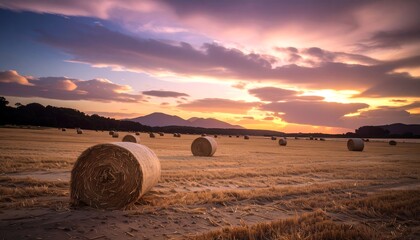 Hay bales at sunset in a field