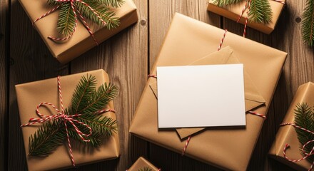 Overhead view of rustic wooden table with wrapped christmas gifts in brown paper and twine, adorned with fir sprigs, and a blank white card for a personal message