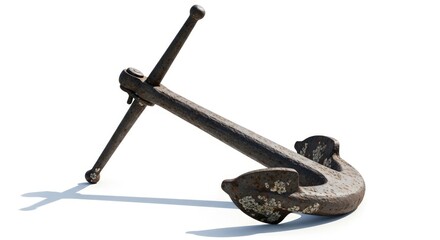 An old, weathered, rusty anchor rests on a white background, casting a distinct shadow.