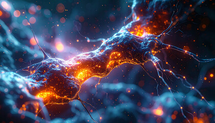 Obraz premium Abstract Neuron Illustration: A vibrant and intricate illustration of a neuron, showcasing a network of neural connections with glowing energy sparks, suggesting the complexity of the brain.