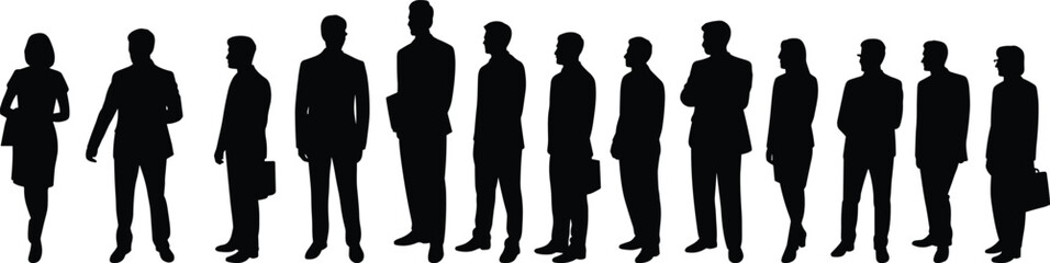 Business people silhouettes standing in line, professional team, corporate group, teamwork, office workers, diversity, formal attire, leadership, success