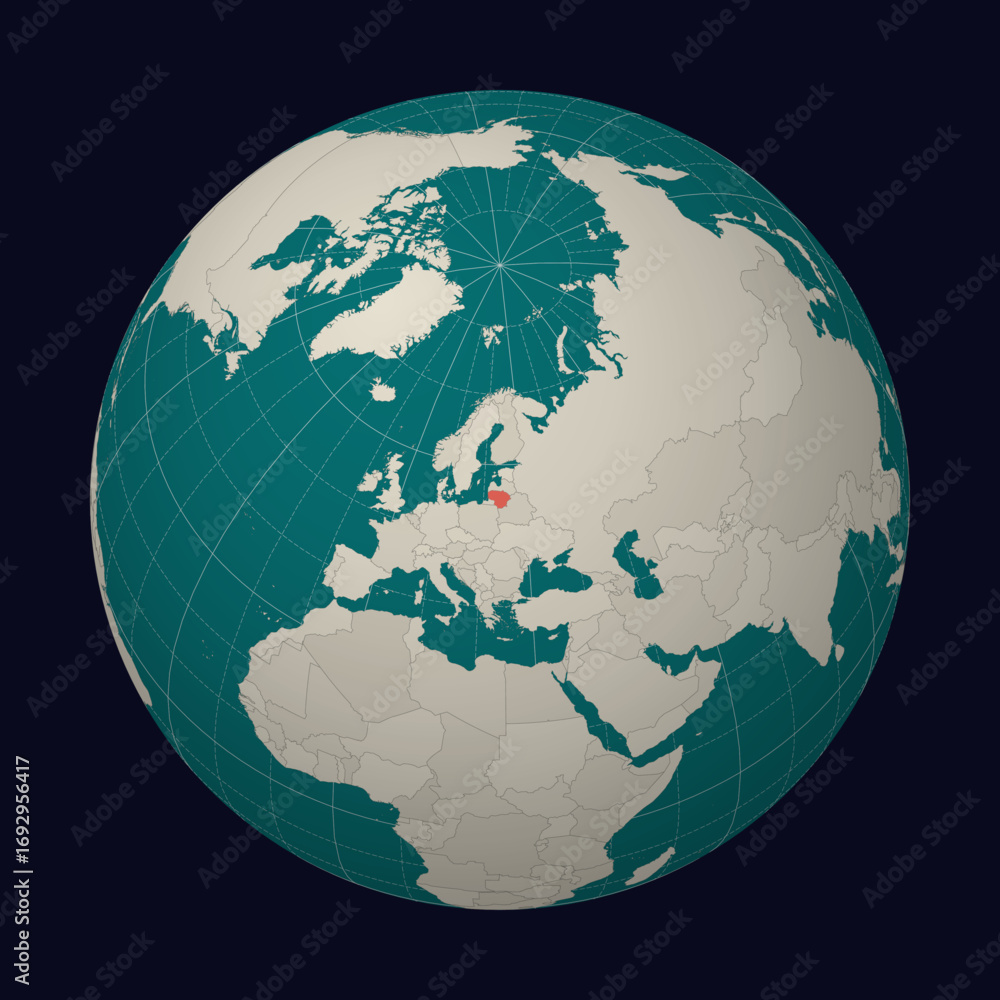 Poster lithuania on the map. globe centered to lithuania. country location on the world map. teal pale mint