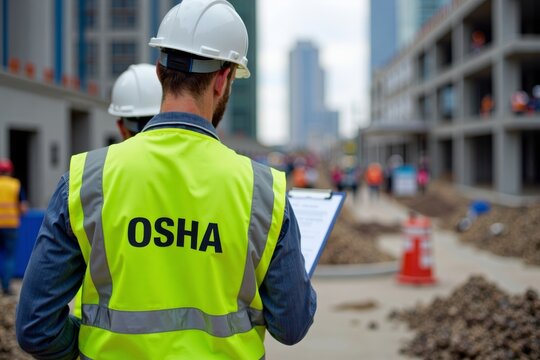 OSHA Worker Conducts Safety Inspection at Construction Site with Close-Up Shot