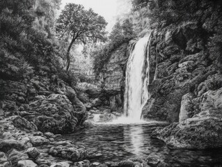 Discover the serene beauty of a stunning waterfall cascading through a lush forest landscape, a black and white masterpiece for your project